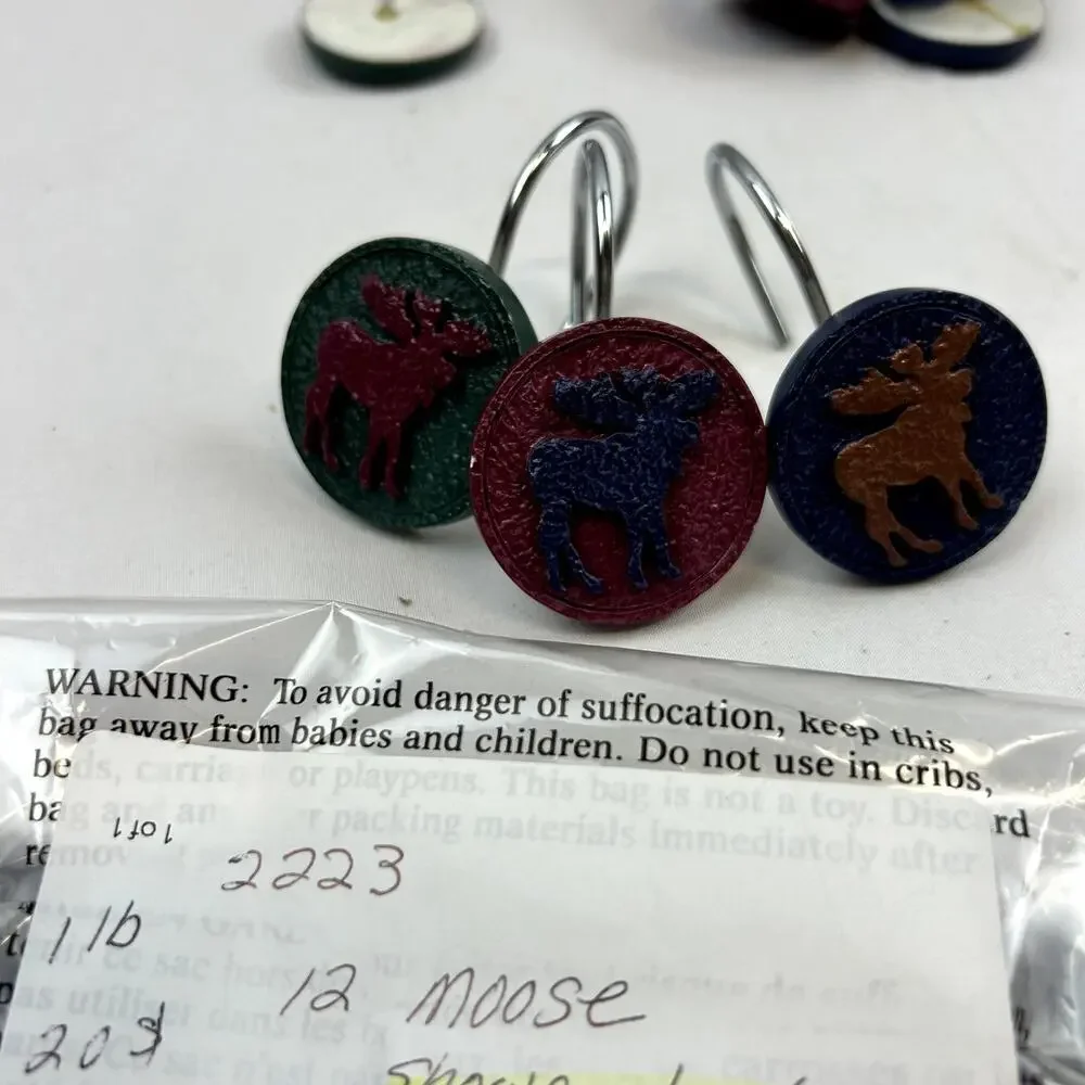 SKU 2223 Vintage 3D Resin Moose Shower Curtain Hooks Set 12 Rustic Country Cabin